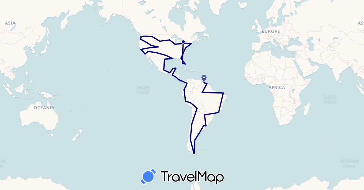 TravelMap itinerary: driving in Argentina, Bolivia, Brazil, Bahamas, Canada, Chile, Colombia, Costa Rica, Ecuador, Guatemala, Guyana, Mexico, Nicaragua, Peru, Paraguay, Suriname, United States, Uruguay (North America, South America)